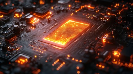 Close-up of a Glowing CPU on a Circuit Board