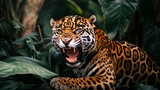 A powerful image of a jaguar growling amidst lush green jungle foliage. The image vividly conveys the raw strength and beauty of the majestic jungle beast in its natural environment.