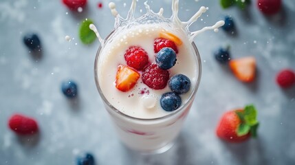 Wall Mural - Mixed fruit flavored milk splashing into a glass, seen from above, with a clean backdrop perfect for adding text