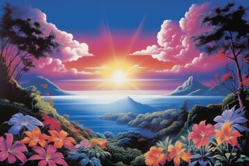 Poster - Skyscape landscape with flowers sunlight outdoors painting.