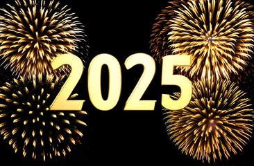 2023 New Year golden fireworks and golden gradient numbers on black background