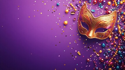 Colorful Carnival Shiny Beads and Masquerade Masks on Purple Background with Copy Space, Top View - Festive Mardi Gras Border Frame