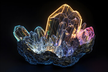 Wall Mural - Detailed neon wireframe crystal geode isotated on black background.