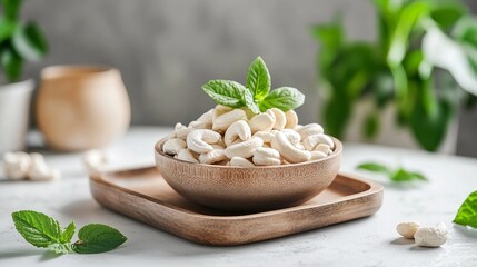 Wall Mural - Fresh Cashew Nuts with Peel on Wooden Tray - Healthy Raw Food Concept