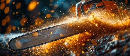 Chainsaw Cutting Through Wood with Sparks Flying