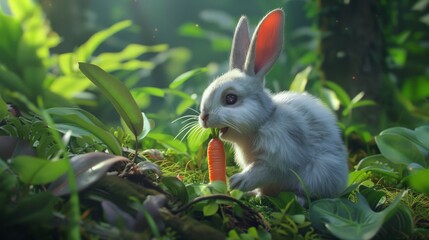 Wall Mural - Cute Bunny Eating Carrot in Green Grass.