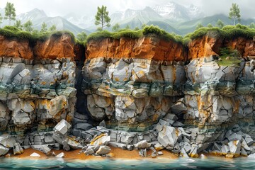 isolated cut geology layers of earth with mountains on top