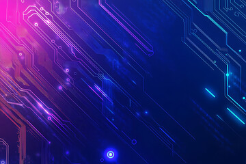 Futuristic vector illustration of an abstract circuit board with neon blue and purple gradients, showcasing intricate digital patterns and tech elements