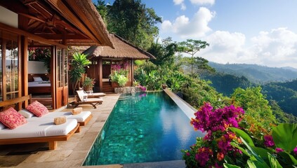 Wall Mural - Luxury villa with infinity pool overlooking mountains.