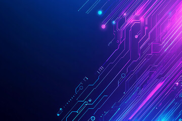 Futuristic vector illustration of an abstract circuit board with neon blue and purple gradients, showcasing intricate digital patterns and tech elements