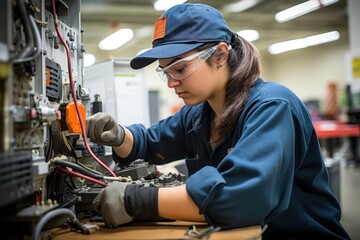 Poster - Female technician factory adult concentration.