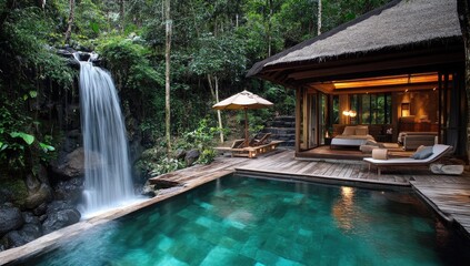 Wall Mural - Tropical bungalow with pool and waterfall.