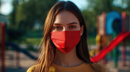 A woman wearing a red surgical mask