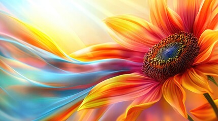 Abstract design of colorful silk strands gracefully swirling around sunflower petals under a bright sunshine background