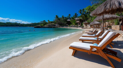 A scenic beachfront resort with comfortable lounge chairs and clear blue waters 