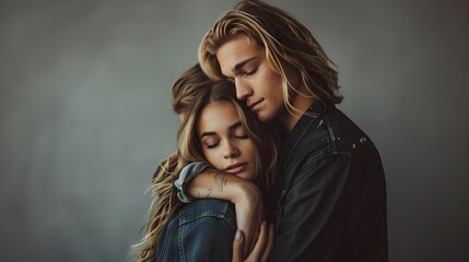 A stylish young couple man and woman hugging each other