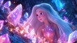 © samrit - Playful cartoon girl with long platinum hair, exploring a magical cave filled with glowing crystals, animated in fantasy style