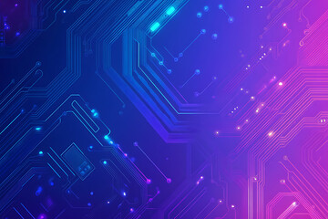 Futuristic vector illustration of an abstract circuit board with neon blue and purple gradients, showcasing intricate digital patterns and tech elements