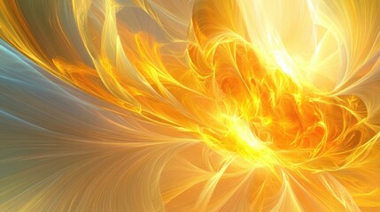 Radiant silk swirling within sunflower petals in this dynamic abstract artwork, with a glowing sunshine background