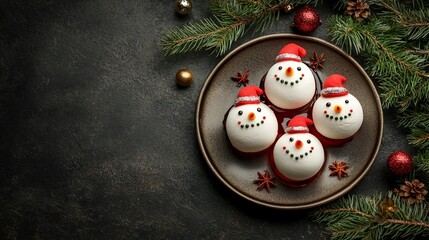 Wall Mural - Festive Christmas Snowman Dessert with Marshmallow and Fruit Jelly on Plate Surrounded by Fir Branches and Ornaments. Top View with Copy Space.