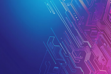 Futuristic vector illustration of an abstract circuit board with neon blue and purple gradients, showcasing intricate digital patterns and tech elements