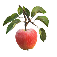 Wall Mural - PNG Fresh red apple with green leaves hanging from a branch against a white background