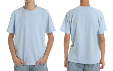 Poster - Teenage boy wearing light blue t-shirt on white background, collage of closeup photos. Front and back views