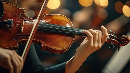 classical concert with musicians playing string instruments on a grand stage.