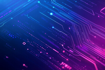 Futuristic vector illustration of an abstract circuit board with neon blue and purple gradients, showcasing intricate digital patterns and tech elements