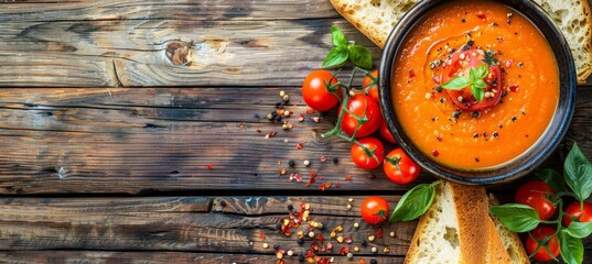 Sticker - Tomato Soup With Fresh Tomatoes, Basil, And Spices On Rustic Wooden Table Background. Top View