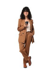 Poster - Beautiful young woman in stylish suit using smartphone on white background