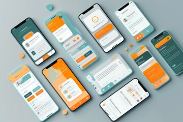 Wall Mural - Modern user interface design. Conceptual mobile phone screen mock-up for application interface. Colorful, minimalistic, aesthetic, teal, orange, white gray