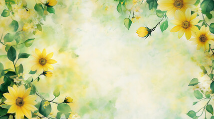 Poster - A bright and cheerful floral arrangement with yellow flowers and green leaves on a light background, evoking a sense of warmth and positivity with copy space.