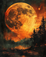 Wall Mural - sunset in the forest. halloween night background. scary halloween background
