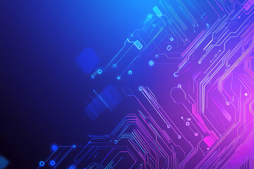 Futuristic vector illustration of an abstract circuit board with neon blue and purple gradients, showcasing intricate digital patterns and tech elements