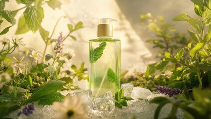 Wall Mural - Mint infused serum on ice with flowers.