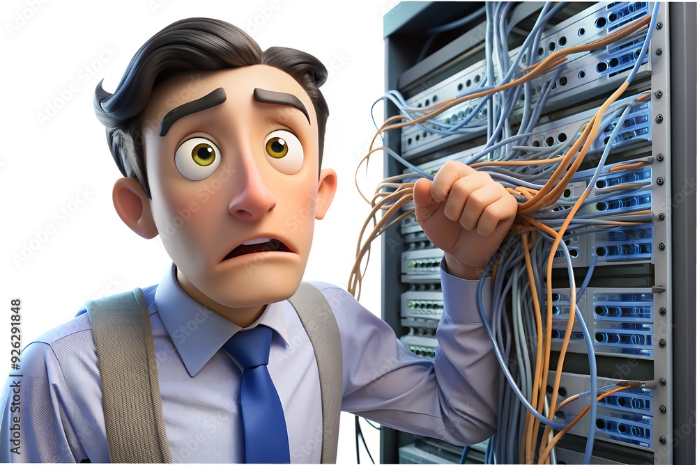 Cartoon Man in Blue Shirt and Tie Bewildered by Tangled Server Rack ...
