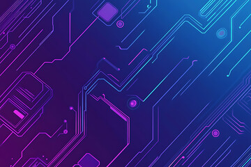 Futuristic vector illustration of an abstract circuit board with neon blue and purple gradients, showcasing intricate digital patterns and tech elements