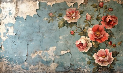 Wall Mural - Vintage Floral Painting on Cracked Wall