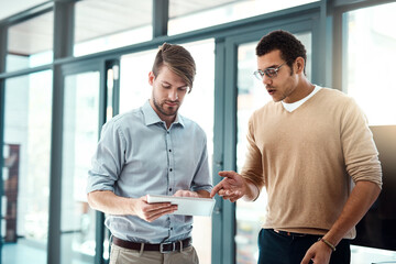 Aufkleber - Tablet, business men and digital collaboration for app developer project with website design ideas in office. Brainstorming, tech and teamwork of employee with meeting for homepage layout talk