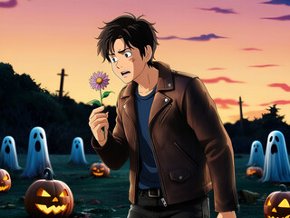 Hope and fear in boy's face as he holds a flower in a ghostly pumpkin field animation style