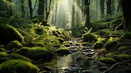 Wall Mural - beautiful sunlight in the green forest  