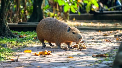 Wall Mural - Adorable Capybara, the Largest Mouse Species, Roaming and Grazing in Lush Taiwan Habitat