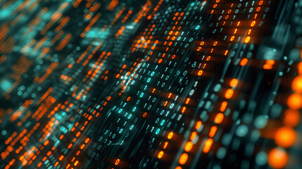 Abstract digital background featuring streaming binary code and AI algorithms, illustrating the seamless and powerful operations of modern computing technologies