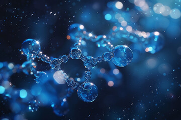 Wall Mural - An abstract technology background featuring a scientific and cosmetology theme with a molecular structure, transparent blue light liquid bubbles, and a science illustration of a gel molecule, all pro