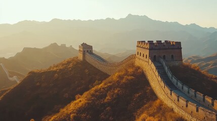 Canvas Print - The Great Wall of China Winding Through Mountains at Sunset