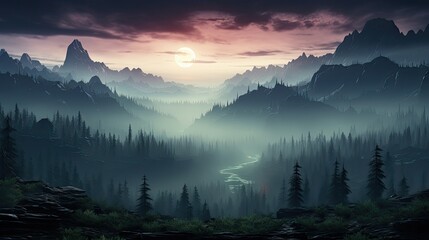 Sticker - Beautiful View of Misty Aurora Night Mountain Forest Landscape 4k Ultrawide Wallpaper Illustration  