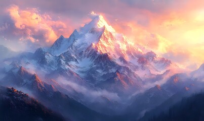 Wall Mural - Majestic Snow-Capped Mountain Peak at Sunset