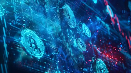 A dynamic image of a blue stock market graph highlighted by an array of coins and a futuristic business chart background. 