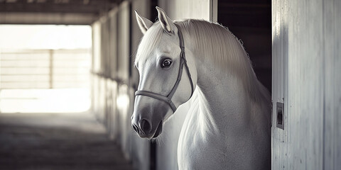 Wall Mural - Solitary white horse in a stable with white walls